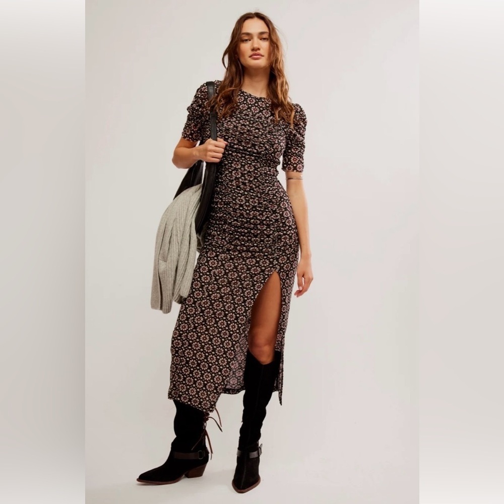 NWT Free People Brielle Midi Dress Mesh Ruched Floral Side Slit Black Combo